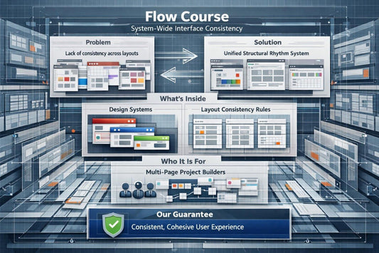 A digital infographic titled 'Flow Course' with a futuristic blue-gray tech corridor background. It outlines a system-wide interface consistency course, showing panels labeled 'Problem,' 'Solution,' 'What's Inside,' 'Design Systems,' 'Layout Consistency Rules,' 'Who It Is For,' and 'Our Guarantee' with UI mockups and icons.