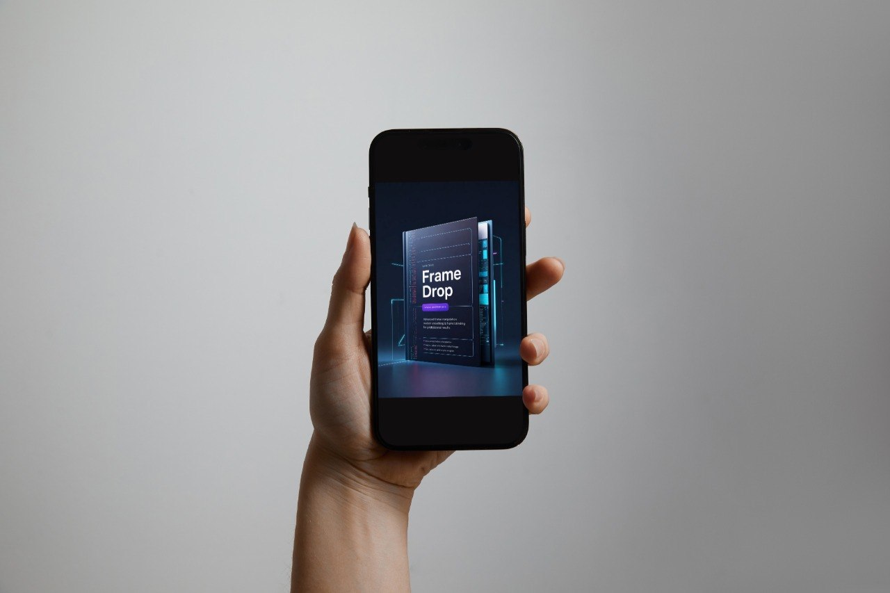 A hand holding a black smartphone against a plain light gray background. The phone screen displays a dark software interface with the text 'Frame Drop'.