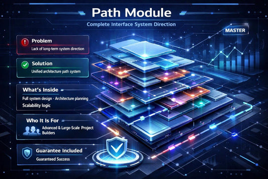 A digital infographic titled 'Path Module' showing a glowing layered technology stack in blue, cyan, and purple tones on a dark futuristic background. Text boxes on the left describe features such as problem/solution, what's inside, target audience, and guarantee included.