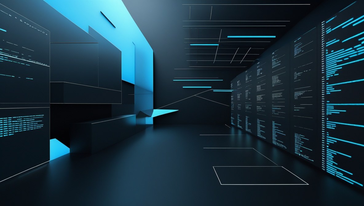 A futuristic dark corridor with glowing blue illuminated panels, code-like text on the walls, and a high-tech digital atmosphere.