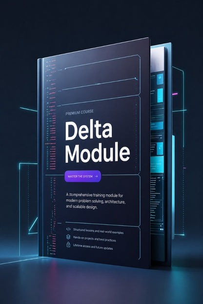 A digital promotional render of a dark blue book or course cover titled "Delta Module" with glowing cyan interface graphics and text on a dark blue background.