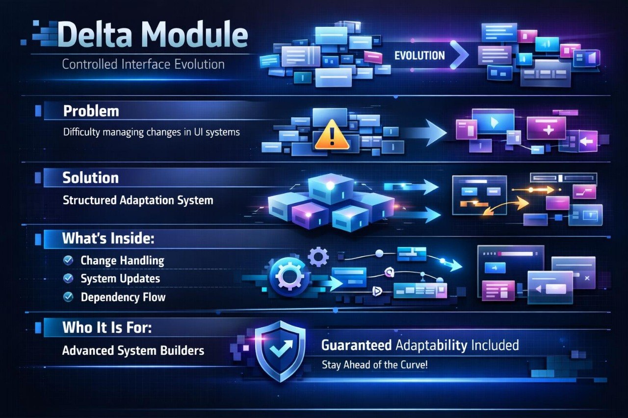 A promotional infographic for the Delta Module, a controlled interface evolution system. The graphic features a dark blue and black background with various digital UI mockups, arrows, and text blocks detailing the 'Problem', 'Solution', 'What's Inside', and 'Who It Is For' sections.