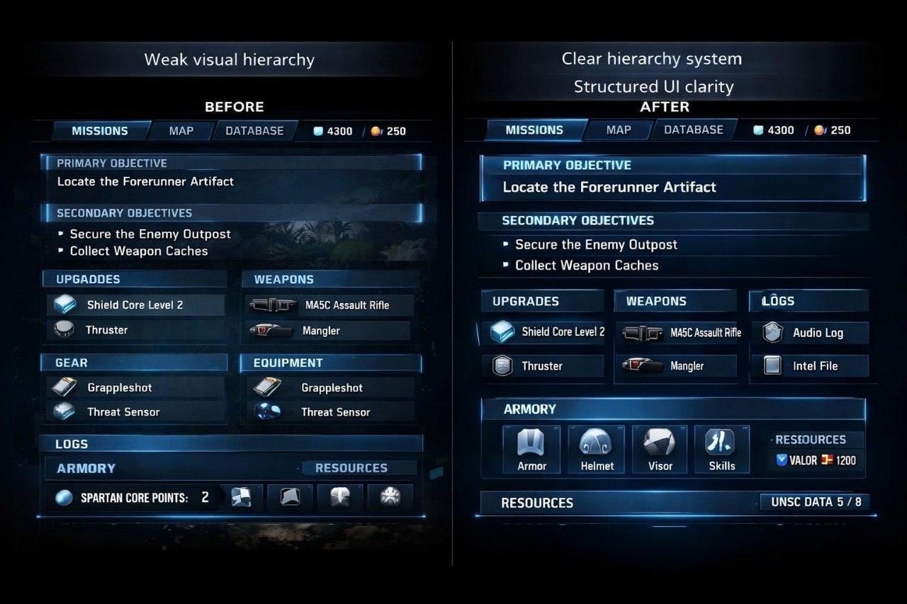 A side-by-side UI comparison screen showing a video game interface labeled 'Weak visual hierarchy' on the left and 'Clear hierarchy system' on the right, with dark blue panels, text, and icons.