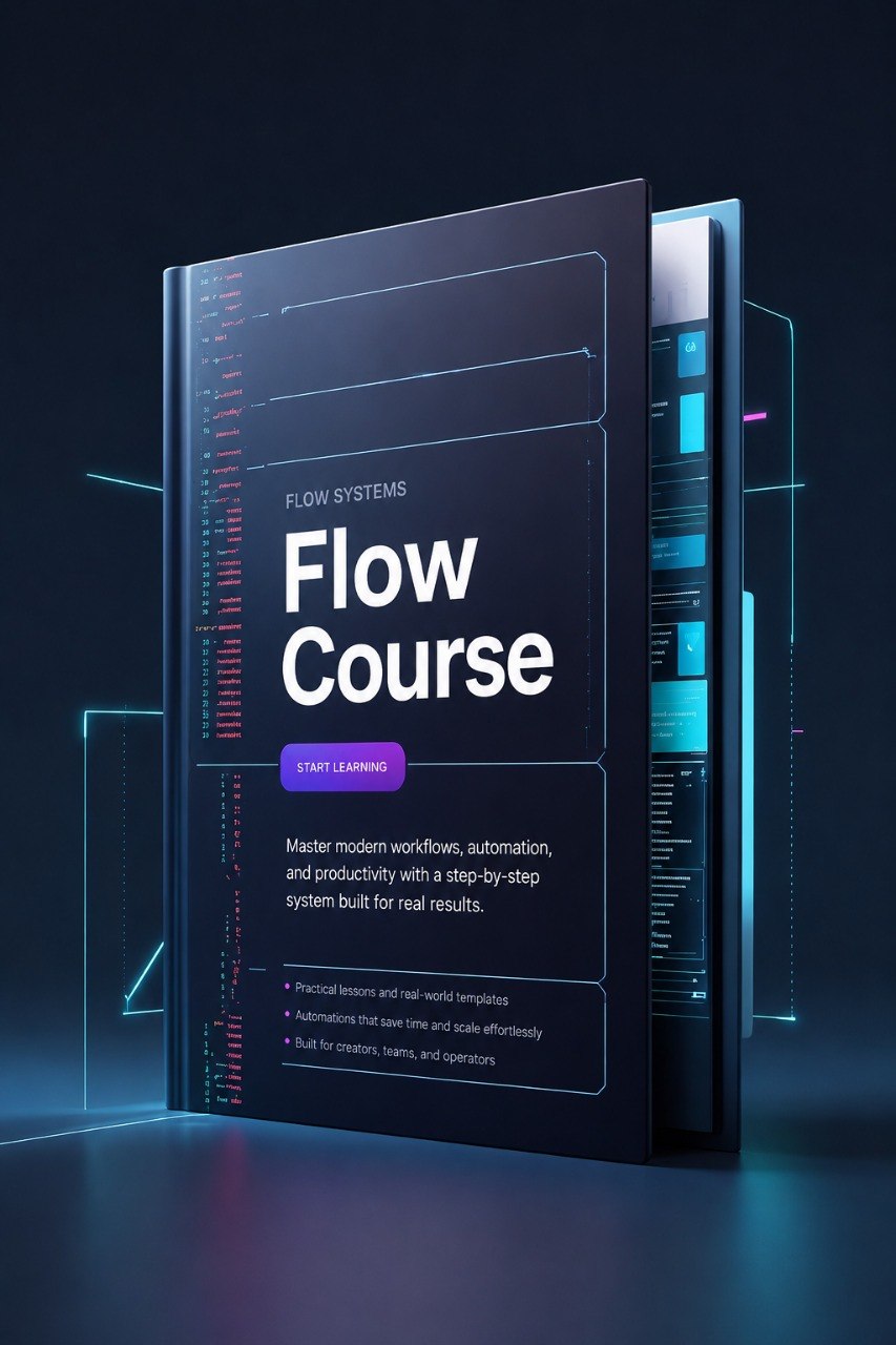 A digital mockup of a book or course cover titled "Flow Course" under the "Flow Systems" series, shown in a dark futuristic design with glowing cyan and magenta interface elements on a dark background.