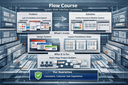 A digital infographic titled 'Flow Course' with a futuristic blue-gray tech corridor background. It outlines a system-wide interface consistency course, showing panels labeled 'Problem,' 'Solution,' 'What's Inside,' 'Design Systems,' 'Layout Consistency Rules,' 'Who It Is For,' and 'Our Guarantee' with UI mockups and icons.