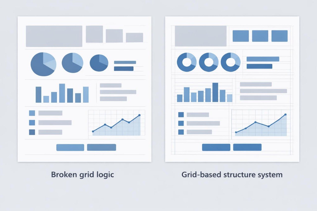 A comparison graphic showing two document layouts with blue and gray charts, graphs, and boxes. The left layout is labeled 'Broken grid logic' and appears misaligned; the right layout is labeled 'Grid-based structure system' and appears properly aligned.