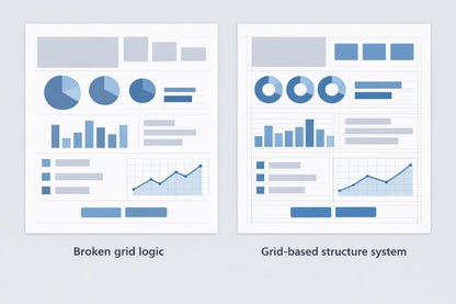 A comparison graphic showing two document layouts with blue and gray charts, graphs, and boxes. The left layout is labeled 'Broken grid logic' and appears misaligned; the right layout is labeled 'Grid-based structure system' and appears properly aligned.