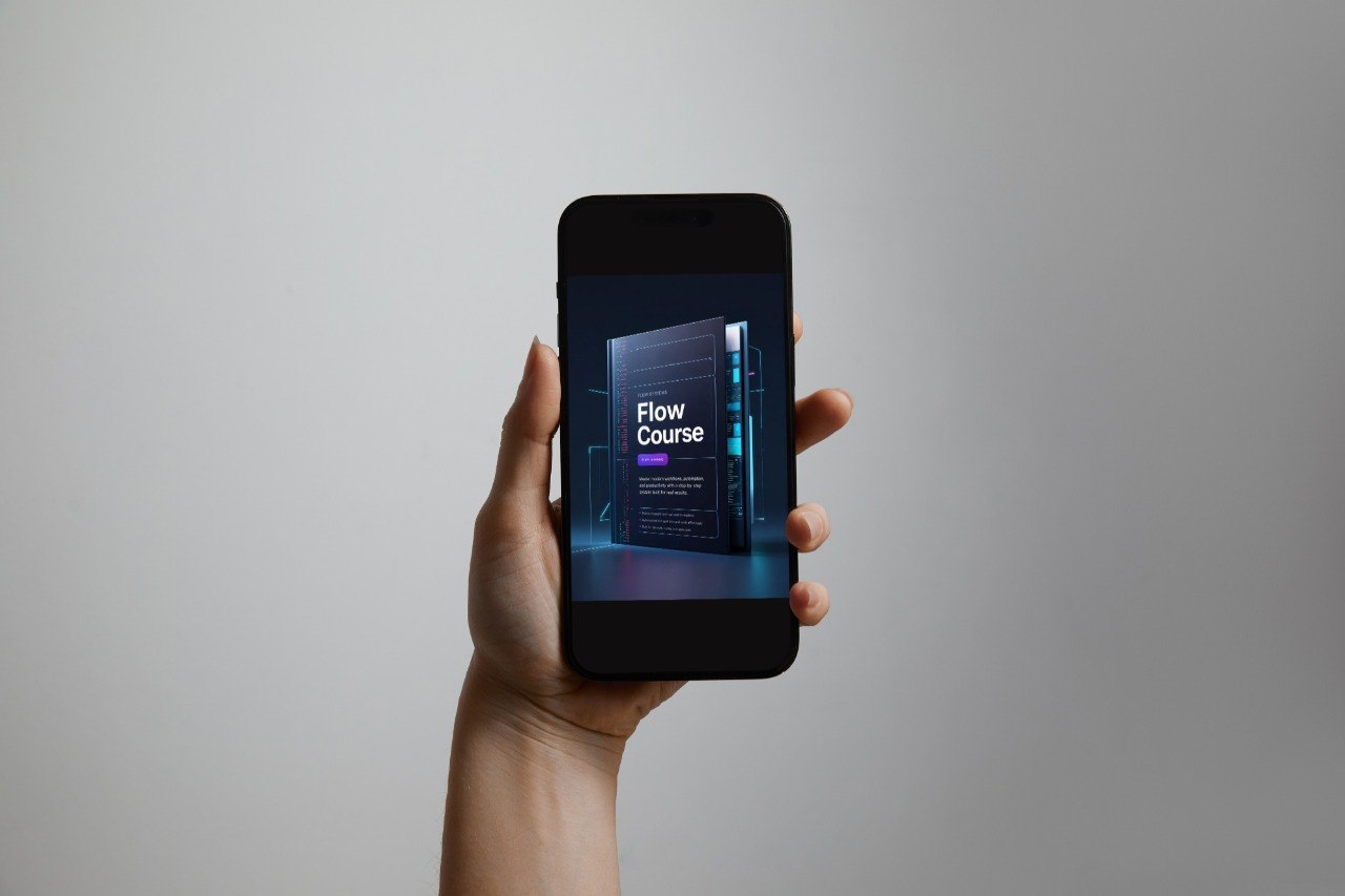 A hand holding a black smartphone against a plain light gray background. The phone screen displays a digital course cover with the text 'Flow Course'.