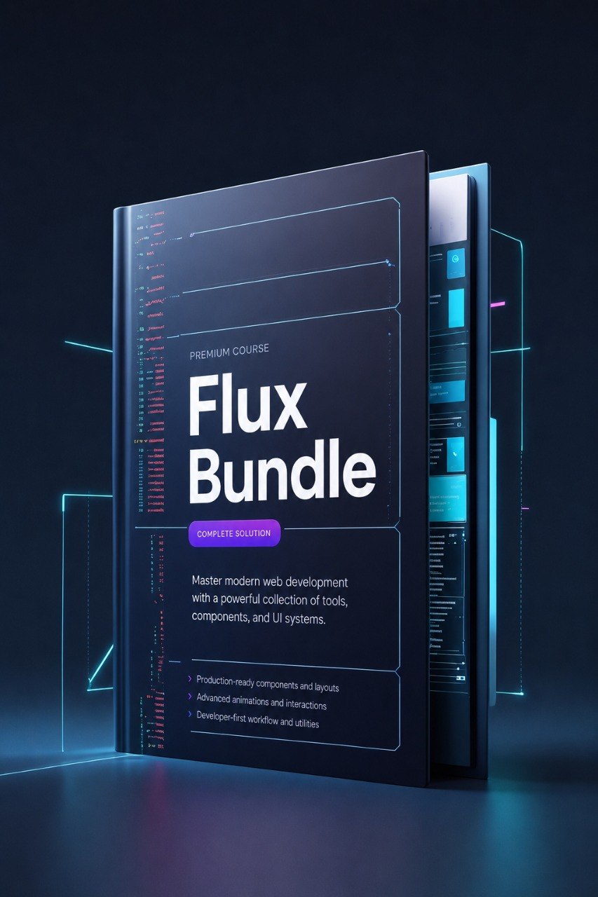 A digital mockup of a dark blue software course box labeled 'Flux Bundle' with glowing cyan and purple interface graphics around it on a dark background.
