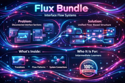 A promotional graphic for a digital course or bundle titled 'Flux Bundle Interface Flow Systems' with glowing neon blue and pink wave lines on a dark background. The design includes sections labeled 'Problem,' 'Solution,' 'What's Inside,' and 'Who It Is For,' plus a circular badge reading '100% Satisfaction Guarantee.