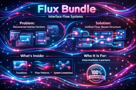 A promotional graphic for a digital course or bundle titled 'Flux Bundle Interface Flow Systems' with glowing neon blue and pink wave lines on a dark background. The design includes sections labeled 'Problem,' 'Solution,' 'What's Inside,' and 'Who It Is For,' plus a circular badge reading '100% Satisfaction Guarantee.