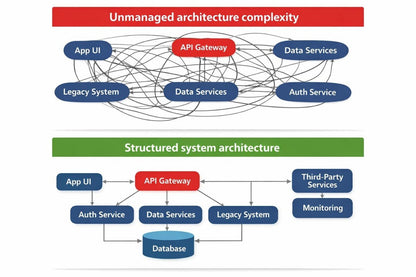 A comparison diagram showing unmanaged and structured system architectures. The top section, labeled 'Unmanaged architecture complexity' in red, shows a tangled web of connected components like App UI, API Gateway, Data Services, Legacy System, and Auth Service.