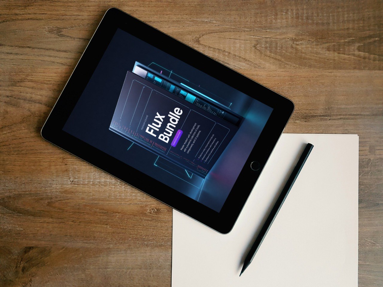 A black tablet lying diagonally on a wooden desk, displaying a digital interface titled 'Flux Bundle.' A white sheet of paper and a black stylus are placed beside it.