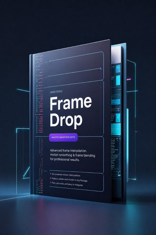 A digital cover mockup for a software tool called 'Frame Drop' with a dark navy and black design, white text, and glowing cyan and purple interface elements on a dark background.