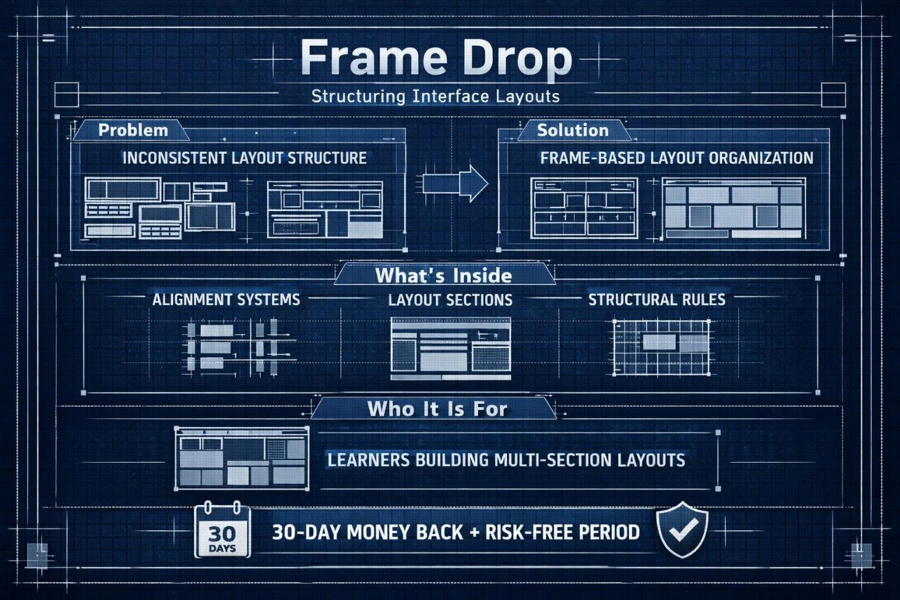 A blueprint-style promotional graphic titled 'Frame Drop' with dark blue grid lines and white technical drawings. The layout explains a product or service about inconsistent interface layouts versus frame-based layout organization, with sections on what's inside, who it is for, and a 30-day money-back guarantee.