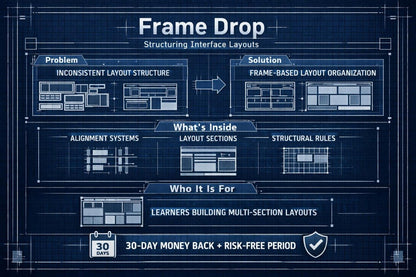 A blueprint-style promotional graphic titled 'Frame Drop' with dark blue grid lines and white technical drawings. The layout explains a product or service about inconsistent interface layouts versus frame-based layout organization, with sections on what's inside, who it is for, and a 30-day money-back guarantee.