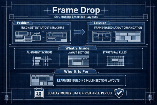 A blueprint-style promotional graphic titled 'Frame Drop' with dark blue grid lines and white technical drawings. The layout explains a product or service about inconsistent interface layouts versus frame-based layout organization, with sections on what's inside, who it is for, and a 30-day money-back guarantee.