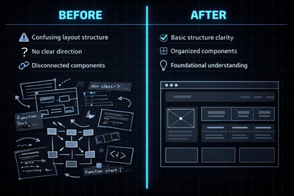 A digital infographic comparing a confusing layout structure 'Before' with a clear, organized layout 'After' on a dark grid background. The left side lists issues like a confusing layout structure and disconnected components, accompanied by a messy schematic diagram.
