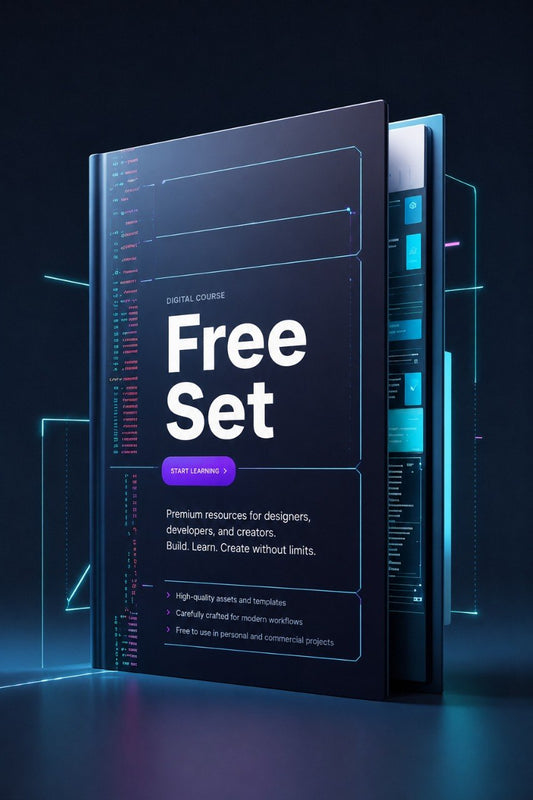 A digital promotional mockup of a book or booklet titled 'Free Set' with glowing blue and cyan interface graphics around it on a dark background.