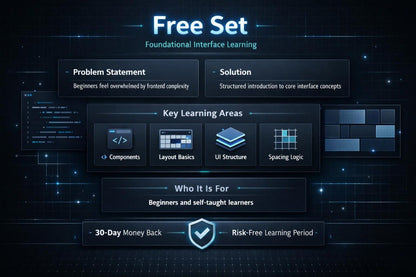 Promotional graphic for a digital course titled 'Free Set: Fundamental Interface Learning' on a dark blue tech-themed background. The graphic outlines key learning areas including components, layout basics, UI structure, and spacing logic, along with marketing text such as 'Who It Is For' and '30-Day Money Back'.