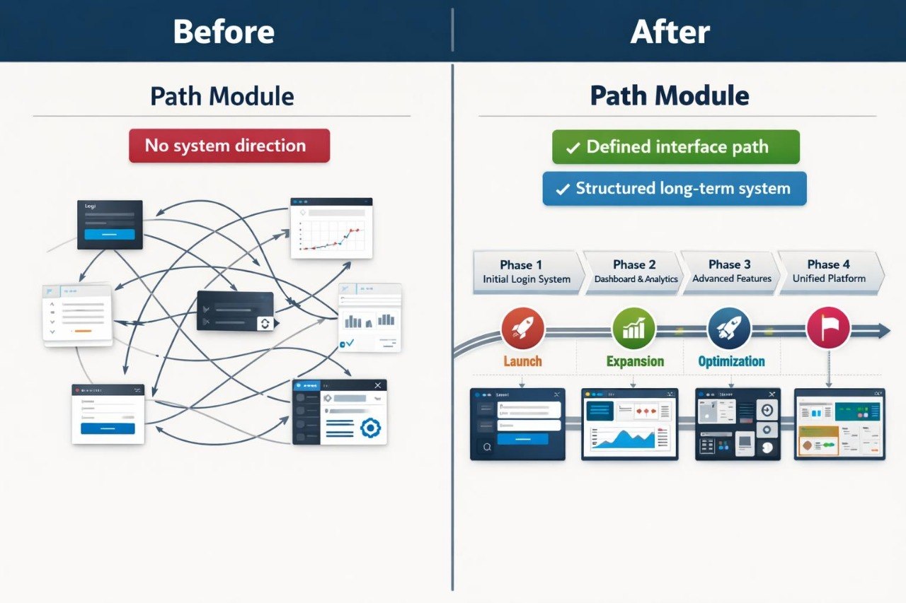 A before-and-after comparison infographic for a Path Module system. The left side, labeled 'Before', shows a loose, unstructured dashboard layout with multiple screens connected by arrows and no clear system direction.