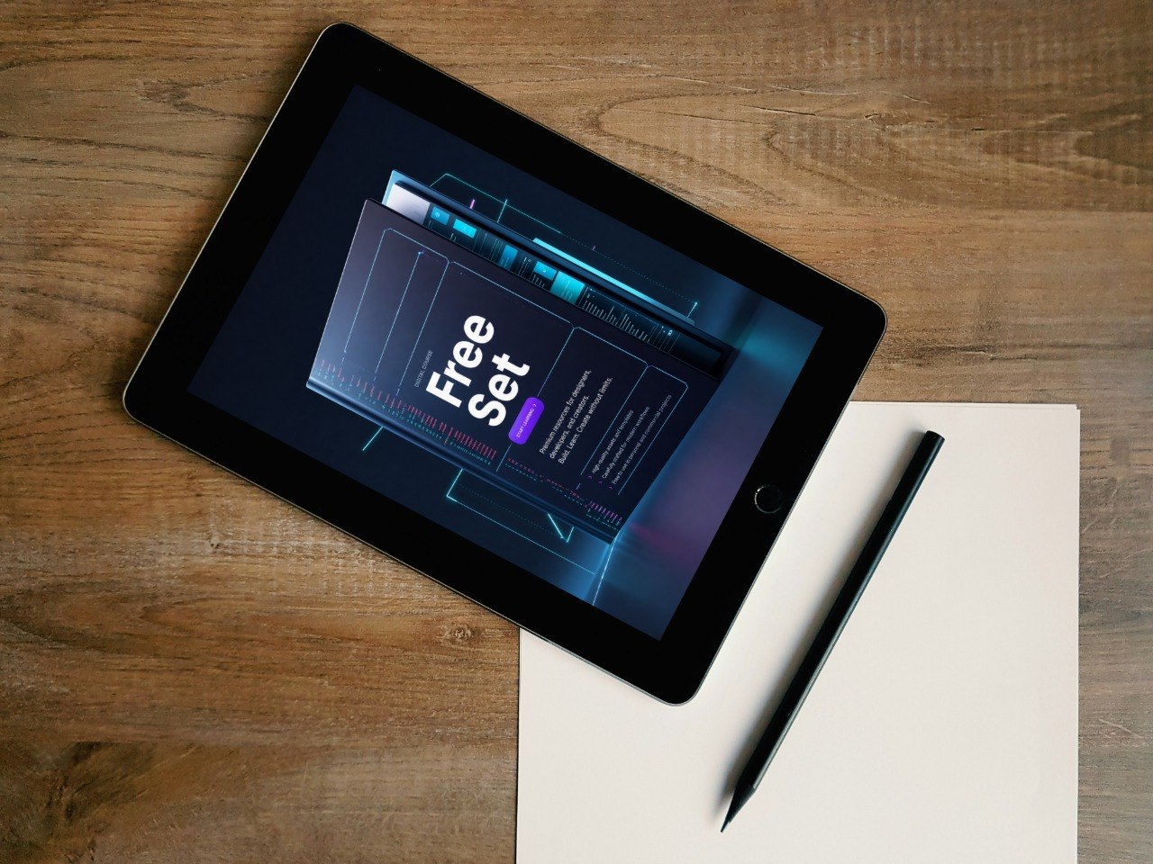 A black tablet lying diagonally on a wooden desk, displaying a digital cover with the text 'Free Set' and futuristic blue graphics. A white sheet of paper and a black stylus are placed beside it.