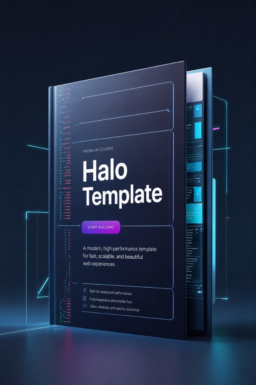 A digital mockup of a dark blue software template package titled 'Halo Template' with glowing cyan interface panels and a purple 'START BUILDING' button, shown in a futuristic rendered scene.