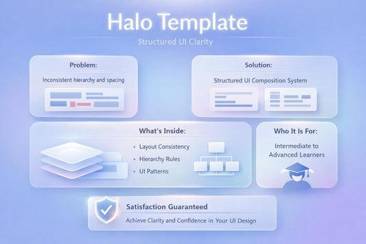 A promotional infographic for a UI design template titled 'Halo Template' on a soft blue gradient background. The graphic outlines a structured UI composition system with sections labeled Problem, Solution, What's Inside, and Who It Is For, plus a badge reading 'Satisfaction Guaranteed'.