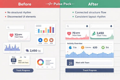 A before-and-after comparison graphic for a digital UI design asset pack called Pulse Pack, showing a 'Before' state with disconnected UI elements on a light gray background and an 'After' state with a cohesive, rhythmically aligned dashboard layout.