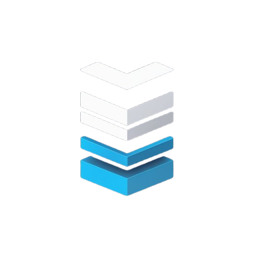 A minimalist 3D icon of stacked angular blocks, with three white layers on top and two bright blue layers at the bottom, centered on a plain white background.