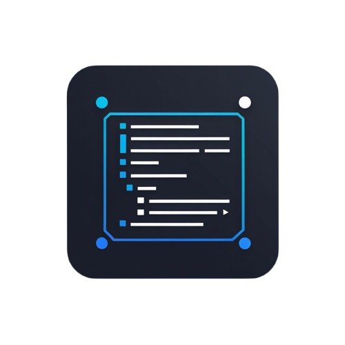A dark navy blue square icon with rounded corners, featuring a light blue circuit-like border and white code-like lines on a plain white background.