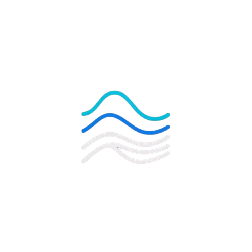 A minimalist logo featuring three wavy lines in light blue, dark blue, and light gray on a solid white background.