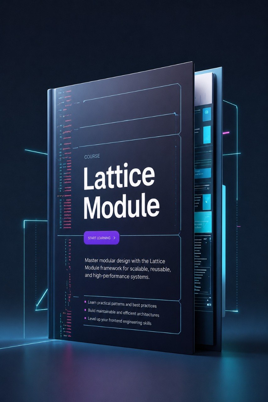 A digital cover mockup for a course or module titled "Lattice Module," shown as a tall dark rectangular panel with glowing cyan and pink interface graphics and white text on a dark blue background.