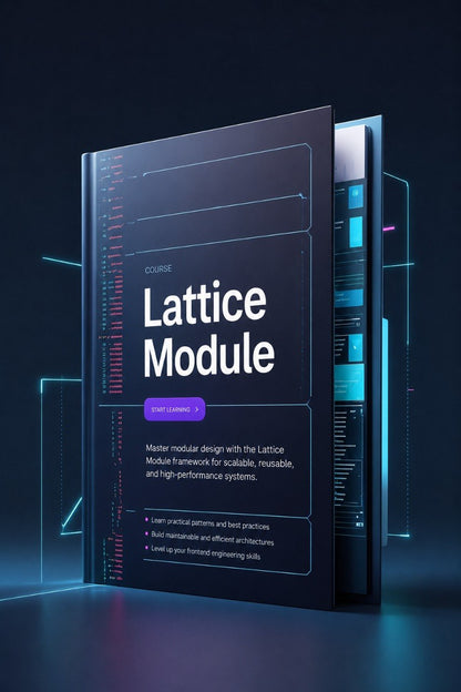 A digital cover mockup for a course or module titled "Lattice Module," shown as a tall dark rectangular panel with glowing cyan and pink interface graphics and white text on a dark blue background.