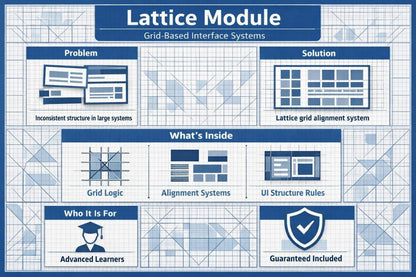 An educational infographic poster titled 'Lattice Module' about grid-based interface systems, presented in a blueprint-style design with blue text and icons on a white grid background.