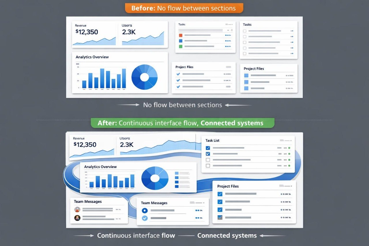 A digital graphic showing a before-and-after comparison of a software dashboard interface. The top panel, labeled 'Before: No flow between sections,' shows a static layout.