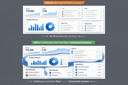 A digital graphic showing a before-and-after comparison of a software dashboard interface. The top panel, labeled 'Before: No flow between sections,' shows a static layout.