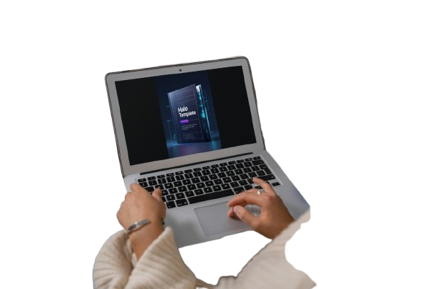 A person's hands typing on a silver laptop computer, with a digital course cover displayed on the screen, isolated on a white background.