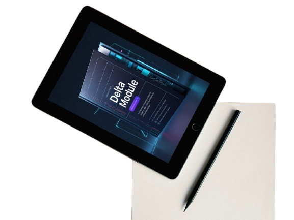 A black tablet angled on a white surface, displaying a digital interface labeled 'Delta Module,' with a black stylus resting beside it.