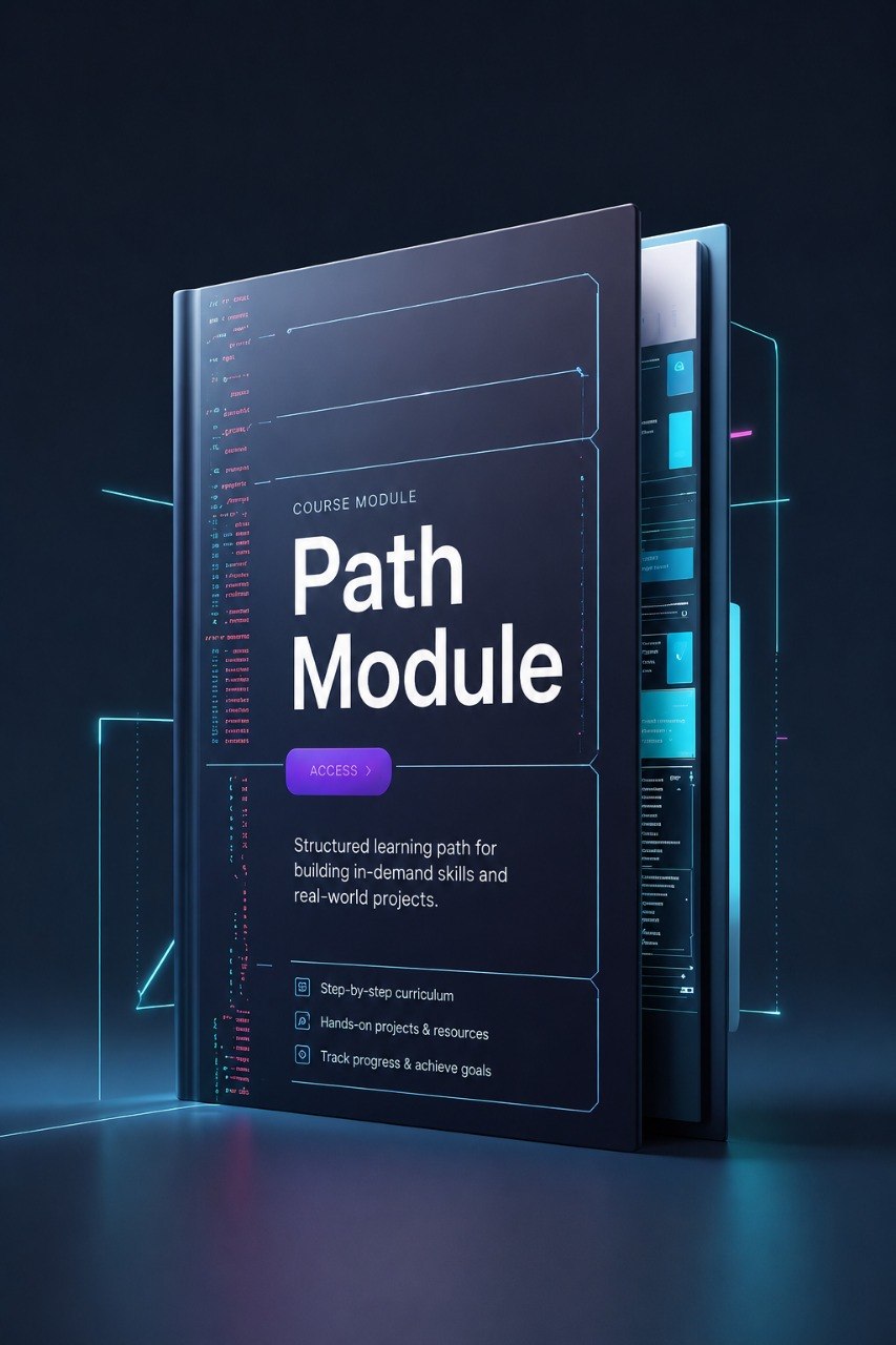 A digital course module cover mockup titled 'Path Module' with glowing blue and cyan interface graphics on a dark navy background.