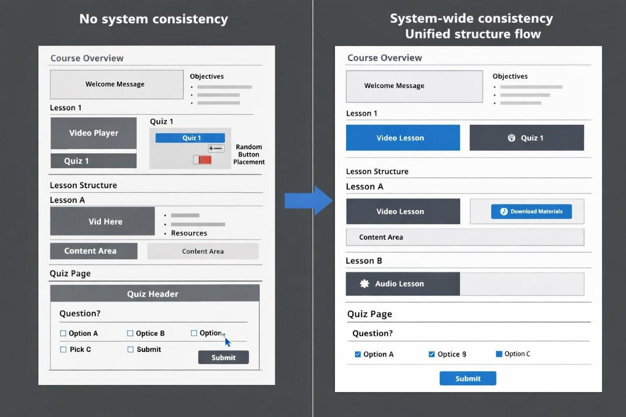 A comparison diagram showing two UI layout panels labeled 'No system consistency' and 'System-wide consistency unified structure flow,' with a blue arrow between them on a dark gray background.