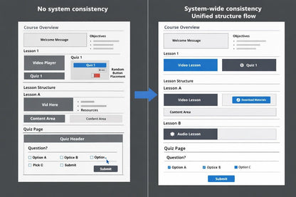 A comparison diagram showing two UI layout panels labeled 'No system consistency' and 'System-wide consistency unified structure flow,' with a blue arrow between them on a dark gray background.