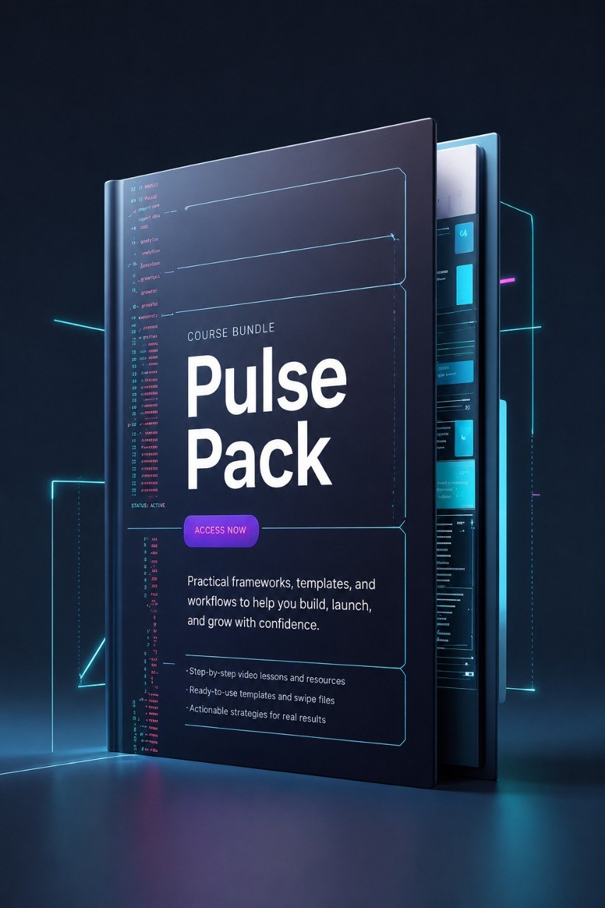 A digital course bundle cover titled 'Pulse Pack' shown as a dark rectangular booklet or folder with glowing cyan interface graphics and white text, set against a dark blue futuristic background.