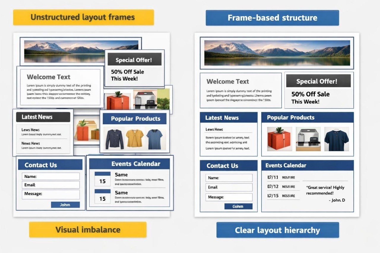 A comparison graphic showing two ecommerce homepage layout designs side by side. The left design is labeled 'Unstructured layout frames' and appears visually cluttered with multiple boxes and elements.