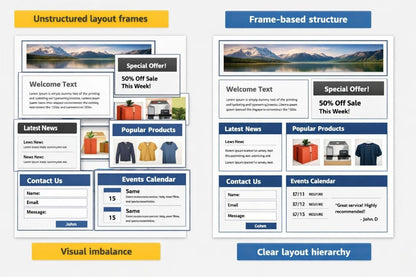 A comparison graphic showing two ecommerce homepage layout designs side by side. The left design is labeled 'Unstructured layout frames' and appears visually cluttered with multiple boxes and elements.