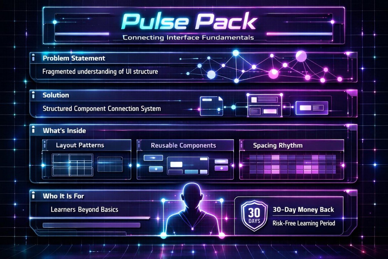 A digital promotional graphic for a 'Pulse Pack' learning resource titled 'Connecting Interface Fundamentals.' The design uses a dark navy and black background with glowing neon purple, blue, and pink interface-style panels and icons.