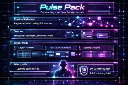 A digital promotional graphic for a 'Pulse Pack' learning resource titled 'Connecting Interface Fundamentals.' The design uses a dark navy and black background with glowing neon purple, blue, and pink interface-style panels and icons.