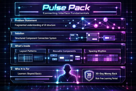 A digital promotional graphic for a 'Pulse Pack' learning resource titled 'Connecting Interface Fundamentals.' The design uses a dark navy and black background with glowing neon purple, blue, and pink interface-style panels and icons.