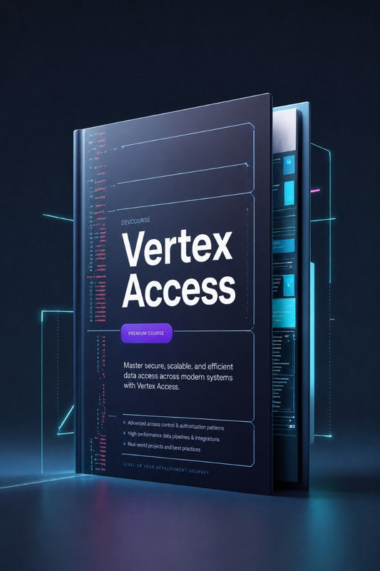 A digital cover mockup for 'Vertex Access' software, featuring a dark navy blue design with glowing cyan and pink interface elements, set against a dark background with neon blue digital frame lines.