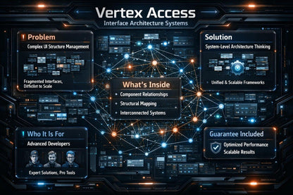 A digital infographic titled 'Vertex Access Interface Architecture Systems' with a dark futuristic tech design. The graphic outlines a solution to a UI structure management problem, featuring sections labeled 'Problem', 'Solution', 'What's Inside', 'Who It Is For', and 'Guarantee Included', connected by glowing network nodes on a dark blue and black background.